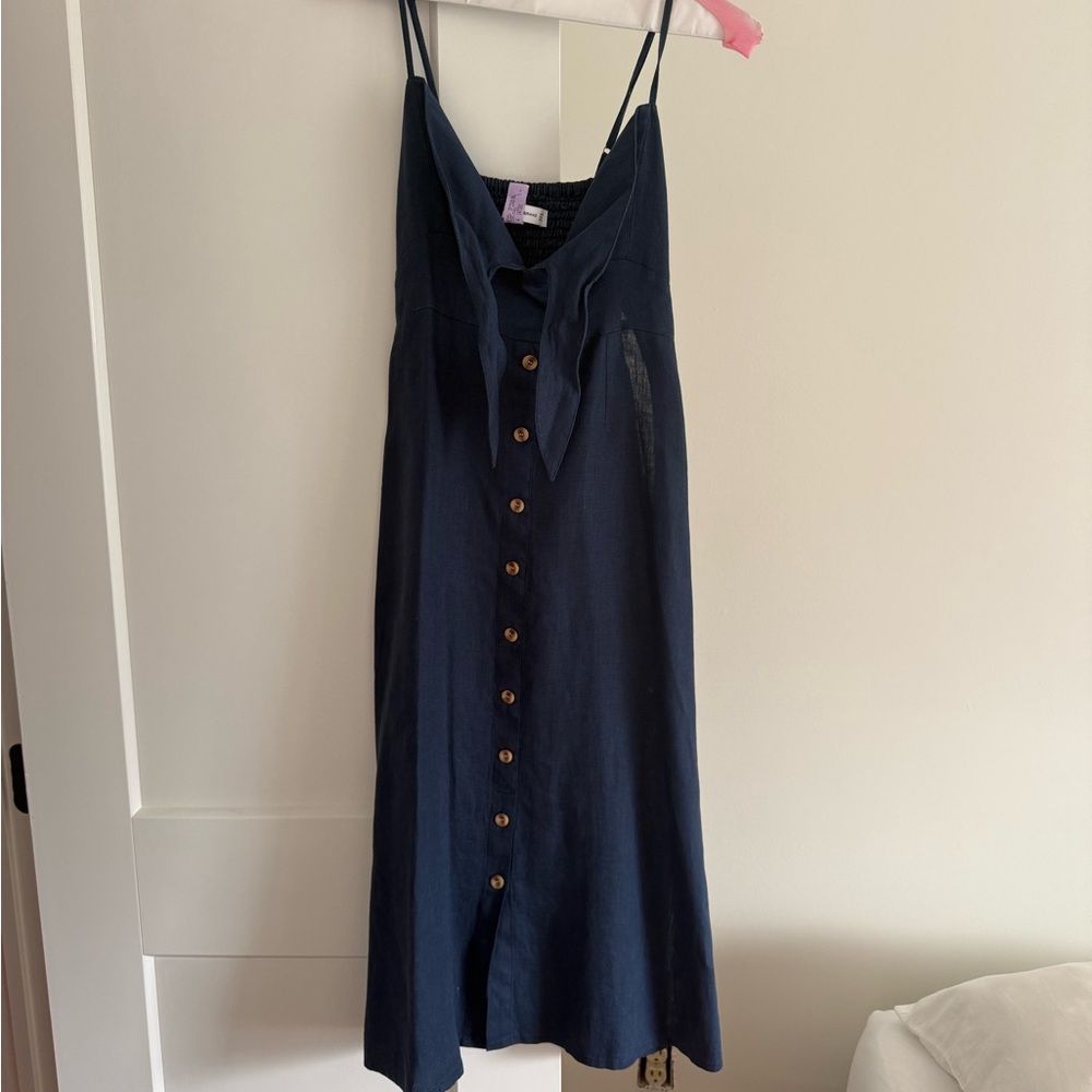 Faithfull the Brand Navy Midi Dress with Button Detail